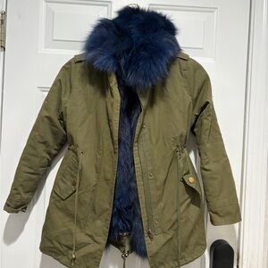 Lola and the Boys- Girls Utility Jacket with Blue Faux Fur removable lining